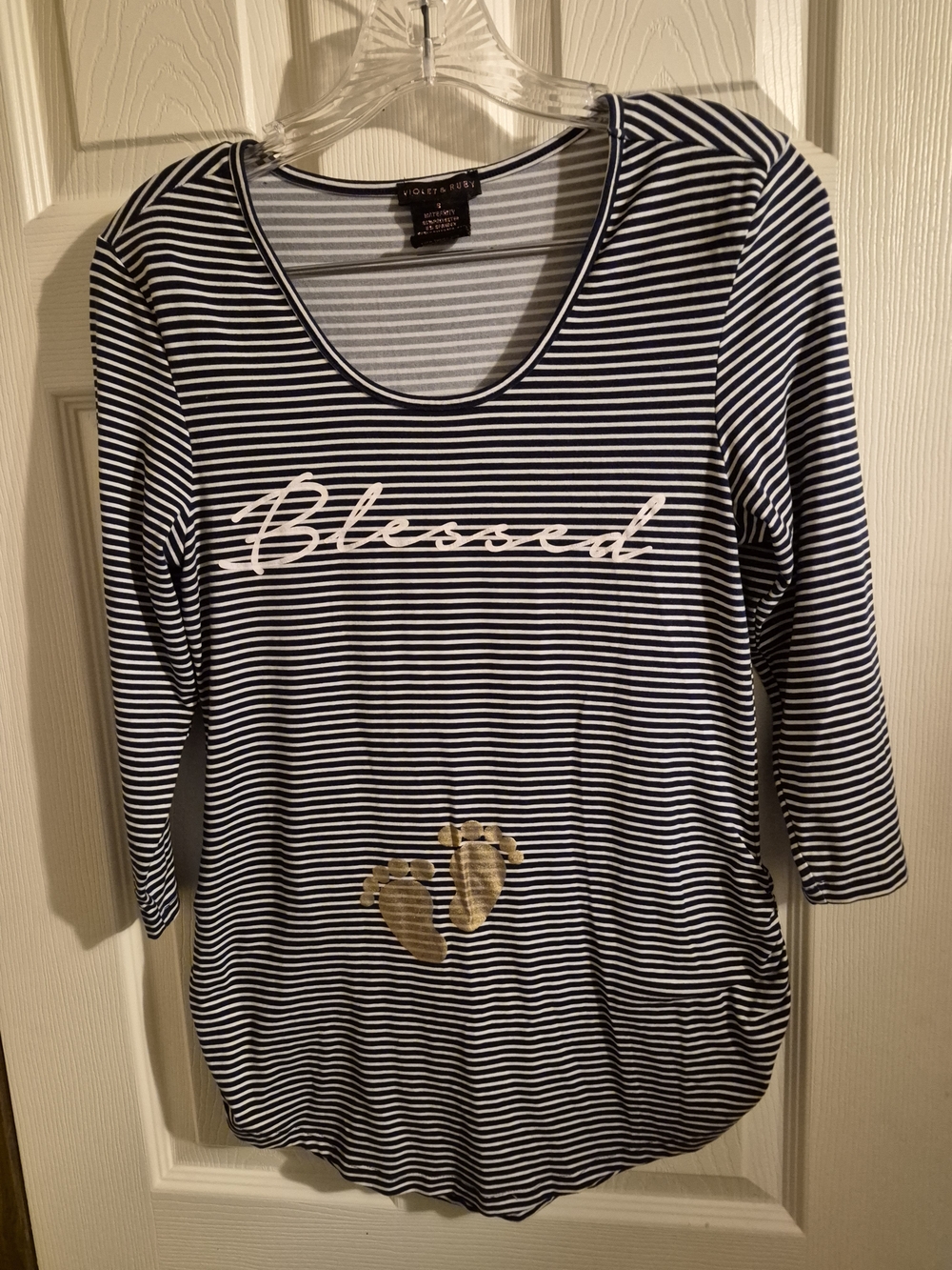 Maternity Striped 'Blessed' Scoop Neck Top - Navy/White